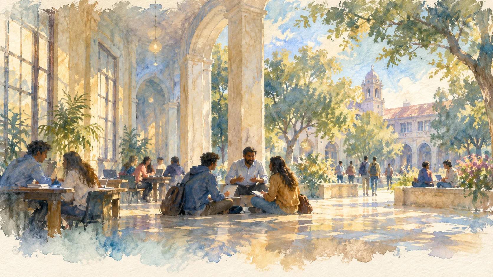 Watercolor of students preparing together in a university placement hall