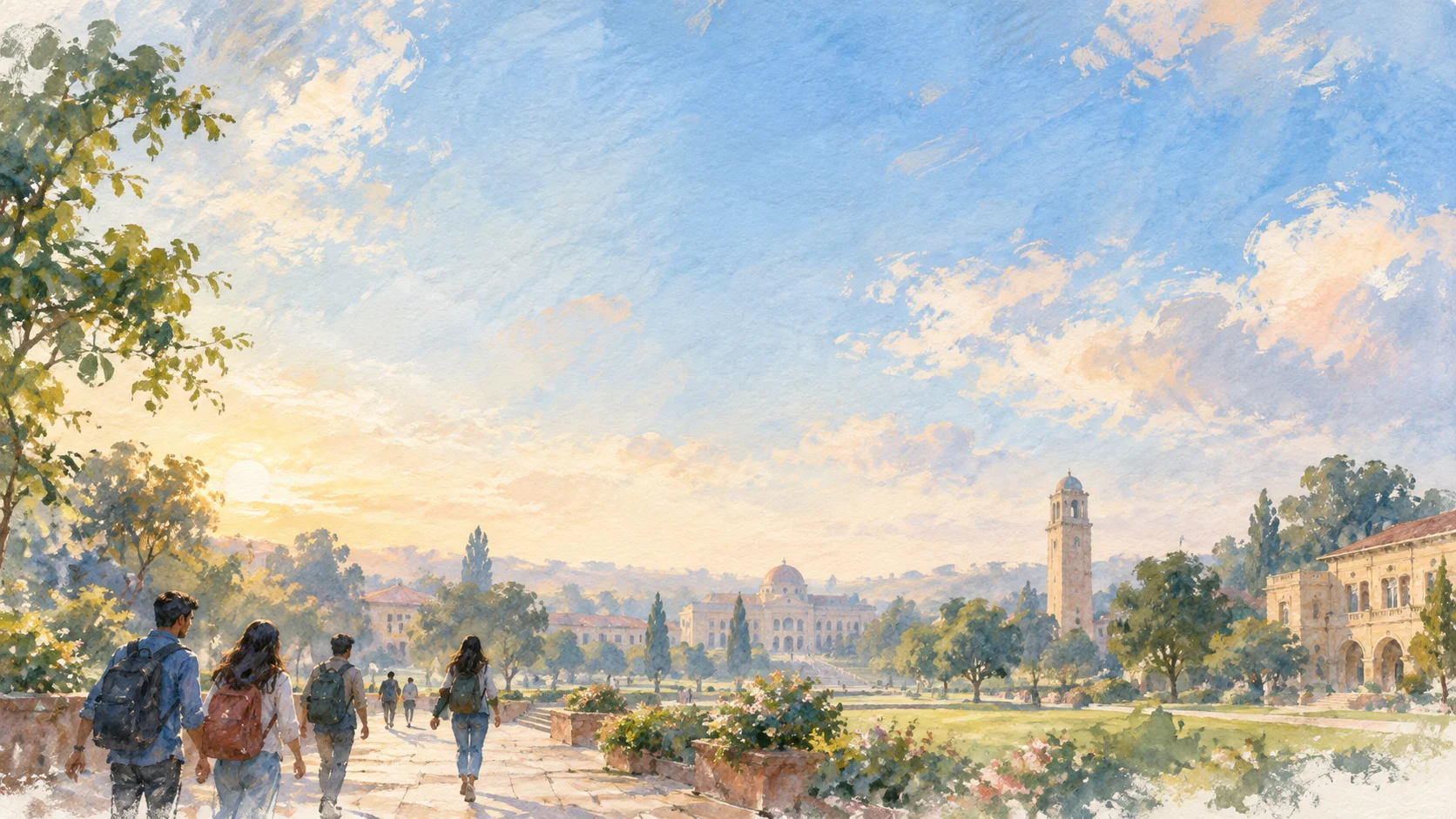 Watercolor painting of students walking through a university campus