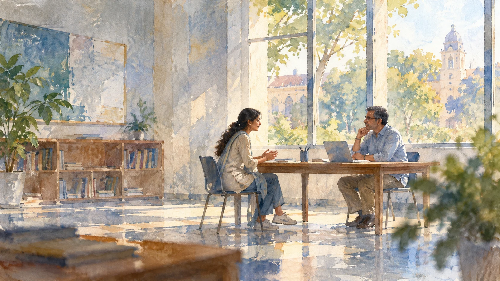 Watercolor of a student in a calm interview room