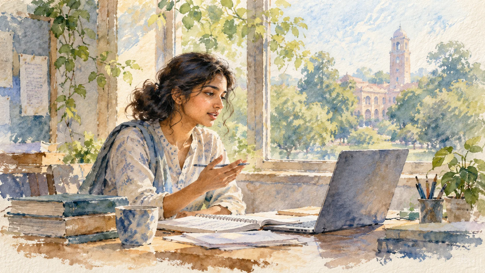 Watercolor of a student practising at a desk
